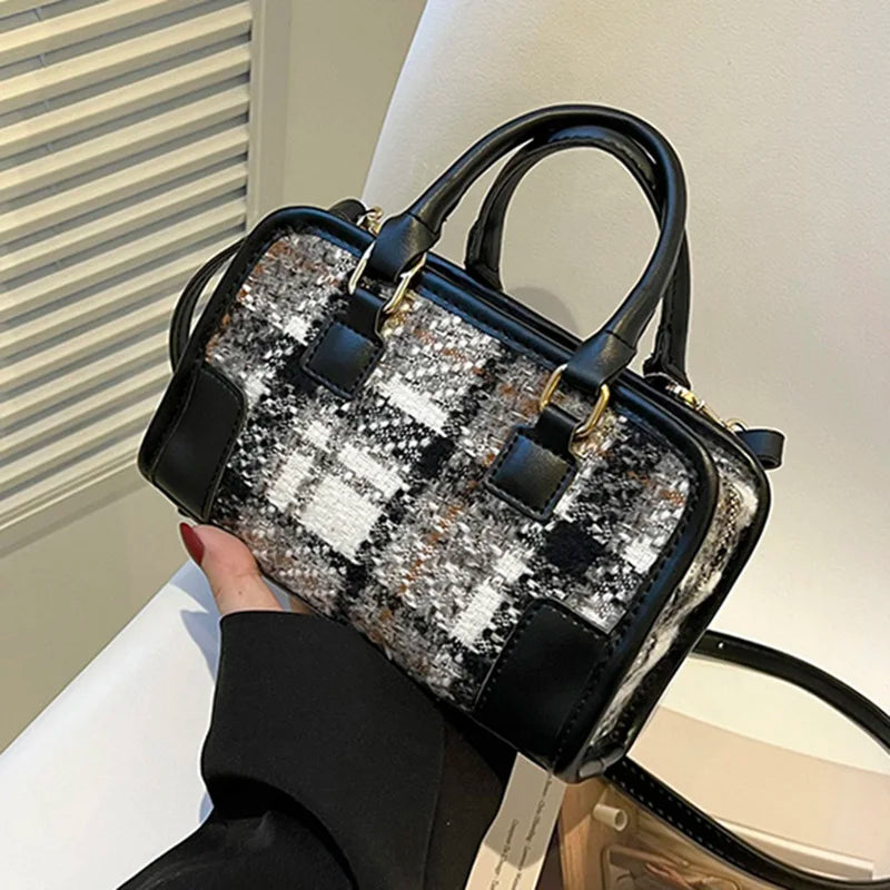 Plaid Wool Crossbody Bag Houndstooth Shoulder Handbag