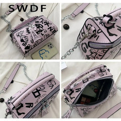 Women Leather Handbags and Purse Crossbody Bags Graffiti Shoulder Bags