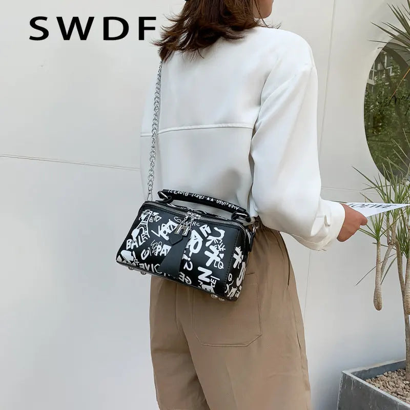 Women Leather Handbags and Purse Crossbody Bags Graffiti Shoulder Bags