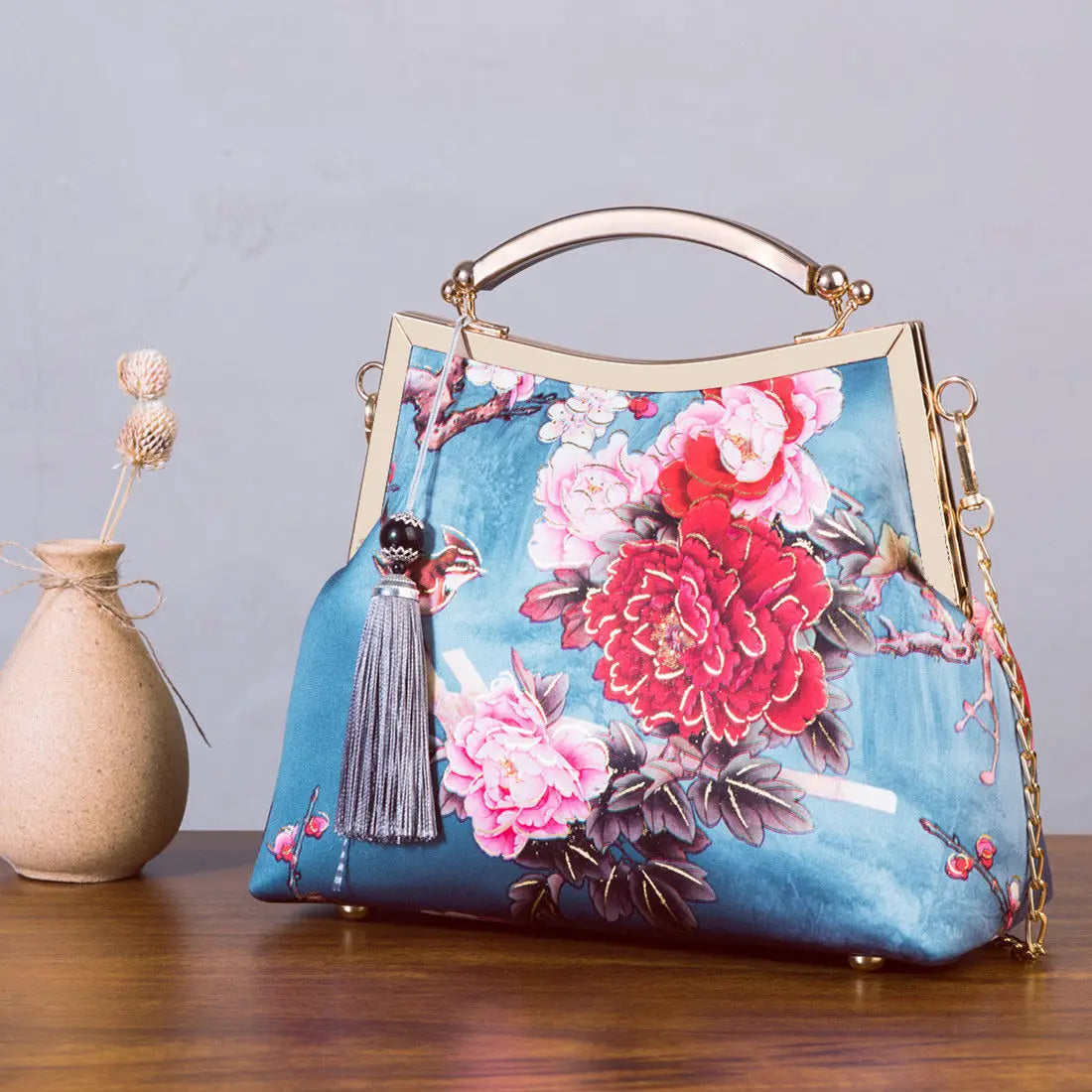 Floral Lock Shell Vintage Bag Fringe Chain Women Shoulder Crossbody