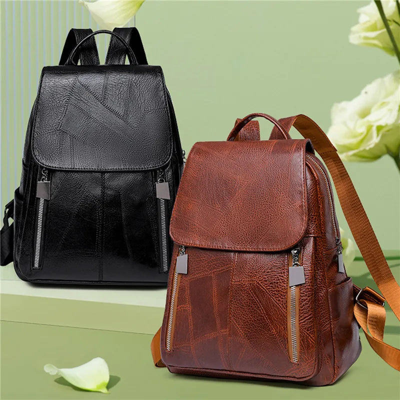 Women PU Leather Backpack Large Capacity Waterproof Rucksack Mochila