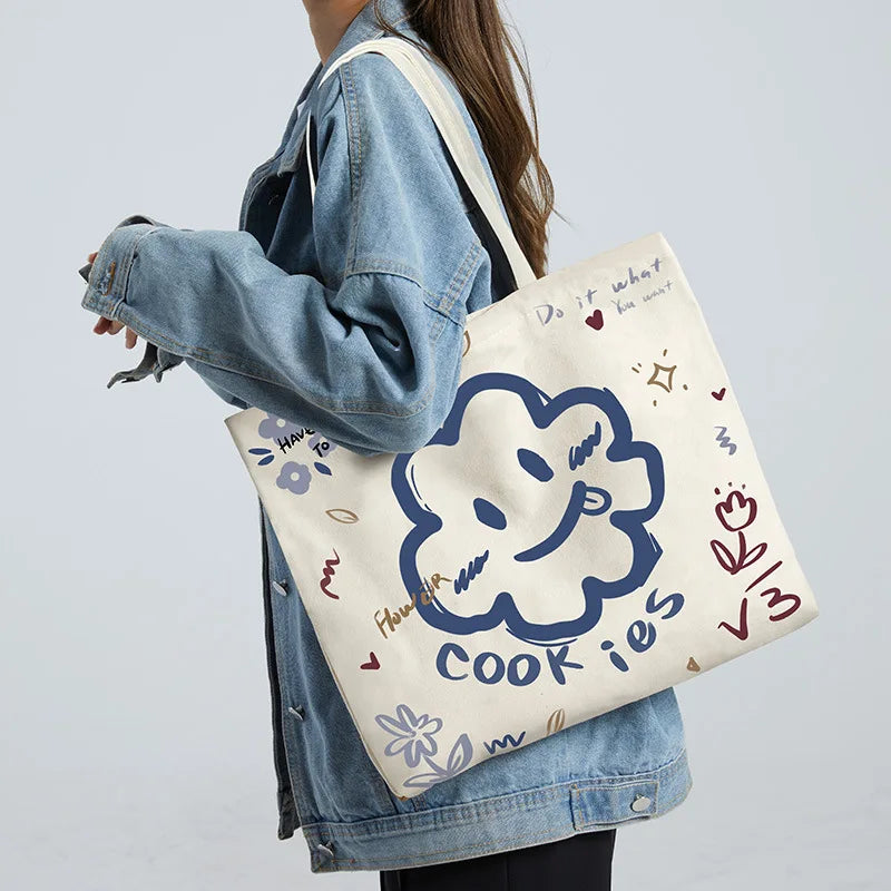 Y2k Canvas Tote Bag Big Capacity Square Pattern Shoulder Bag Sac A Main Femme