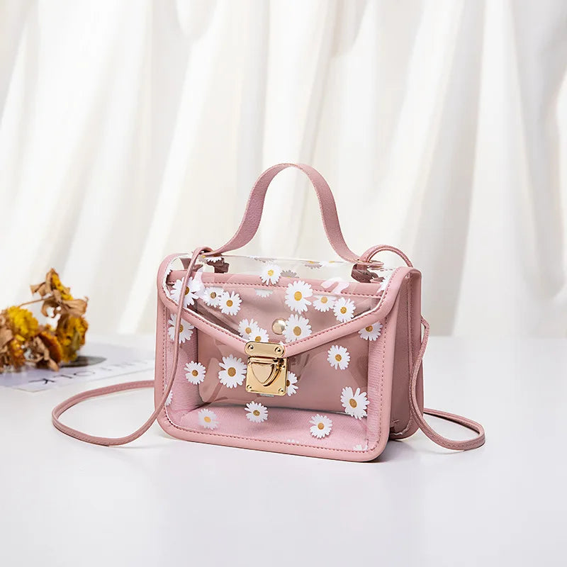 Daisy Pattern Tote Bag Transparent Shoulder Handbag with Chain Strap