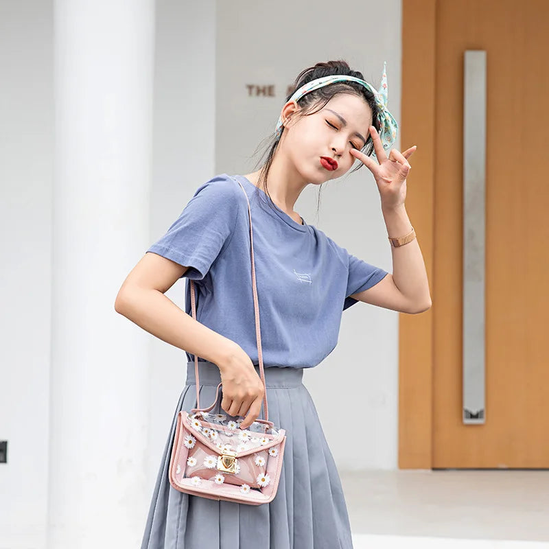 Daisy Pattern Tote Bag Transparent Shoulder Handbag with Chain Strap