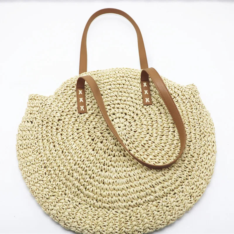 Women's Large Hand-Woven Straw Tote Bag for Beach Holiday