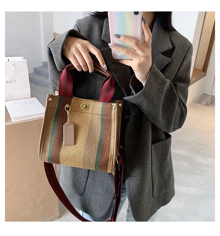 Spring Autum Canvas Stripe Tote Bag Vintage Shoulder Crossbody Bags