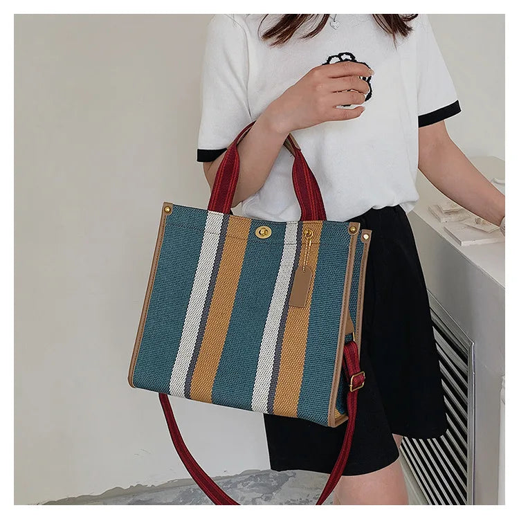 Spring Autum Canvas Stripe Tote Bag Vintage Shoulder Crossbody Bags