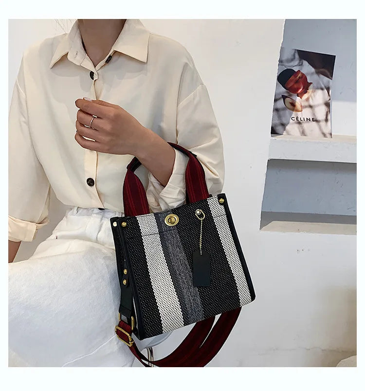 Spring Autum Canvas Stripe Tote Bag Vintage Shoulder Crossbody Bags