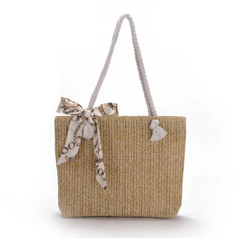 Spring Autumn Large-Capacity Straw Bag Silk Scarf Women's Shoulder Bag