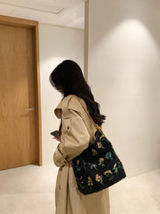 Velvet Flower Printed Tote Messenger Bag Large Capacity Handbag
