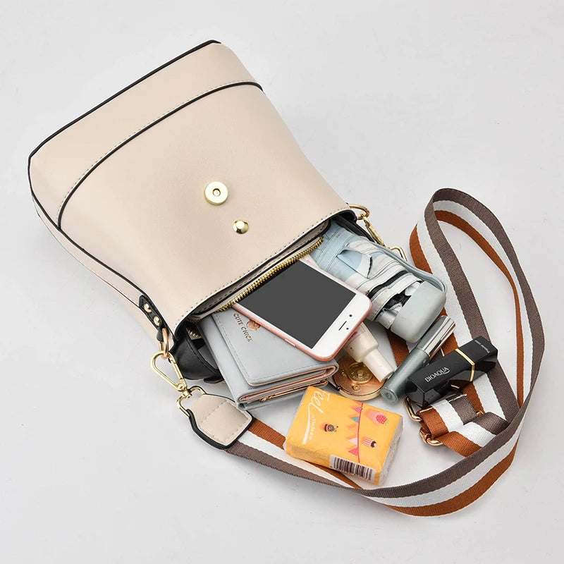 Colorful Strap Bucket Bag PU Leather Shoulder Crossbody Messenger Bag