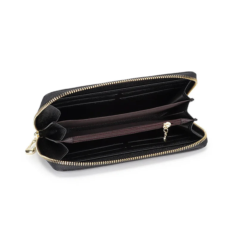 Rhomboid Quilted Zip Leather Long Clutch Bag with Wrist Strap