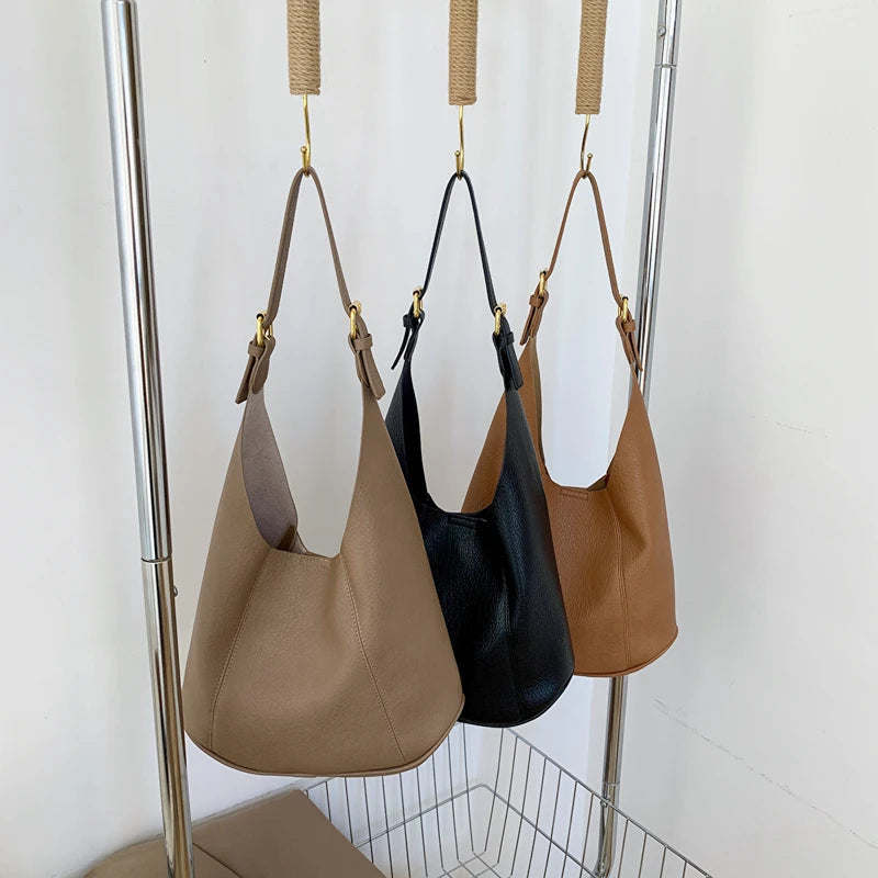 Women Shoulder Bags Casual PU Leather Daily Bucket Soft Surface Big Pockets Mult