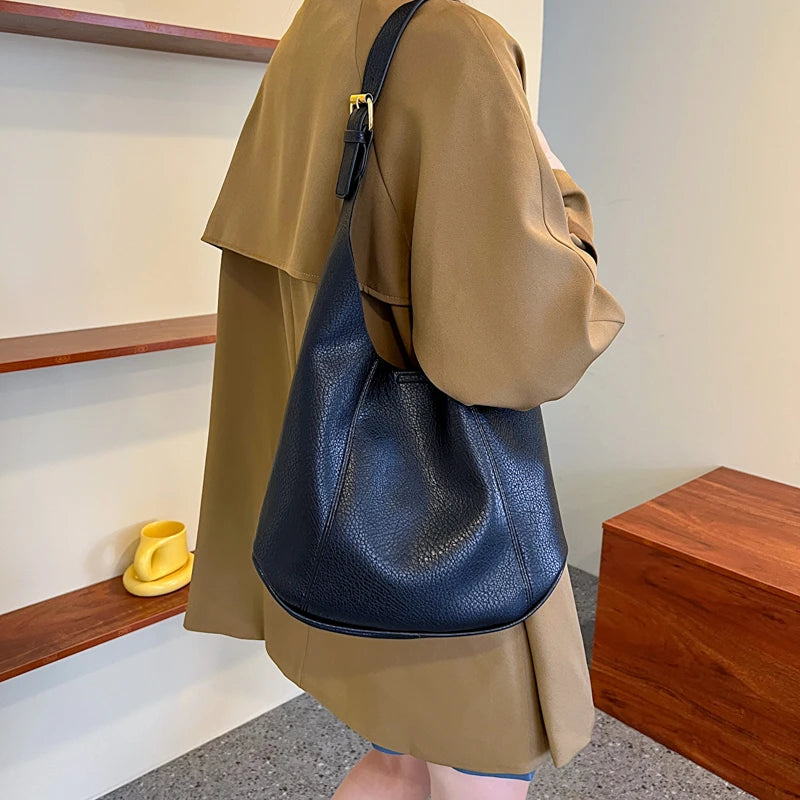 Women Shoulder Bags Casual PU Leather Daily Bucket Soft Surface Big Pockets Mult