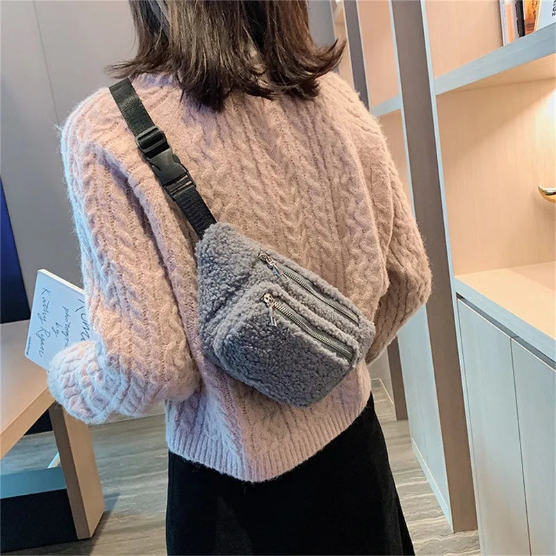 Plush Women's Waist Bag Solid Shoulder Crossbody Chest Bag