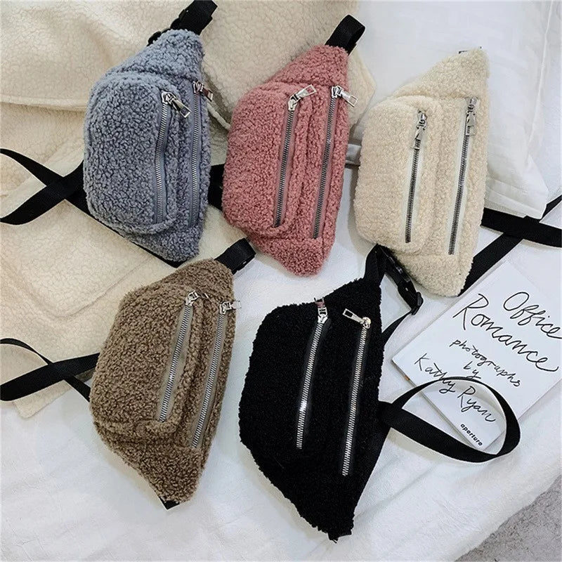 Plush Women's Waist Bag Solid Shoulder Crossbody Chest Bag