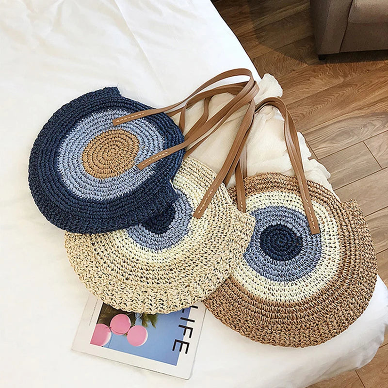 Summer Bohemia Large Round Straw Beach Shoulder Bag