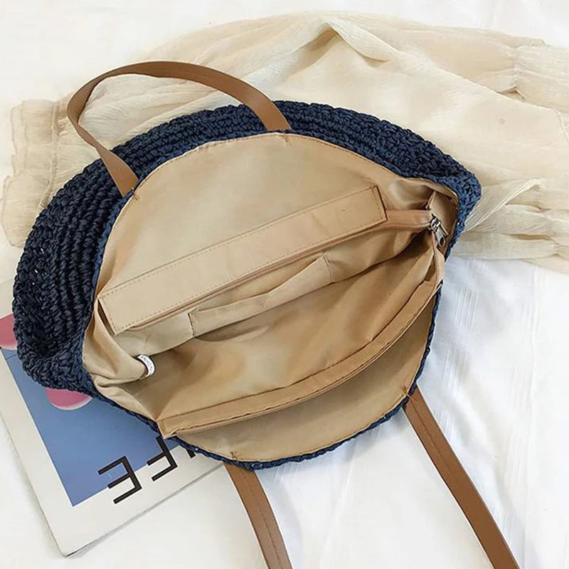 Summer Bohemia Large Round Straw Beach Shoulder Bag