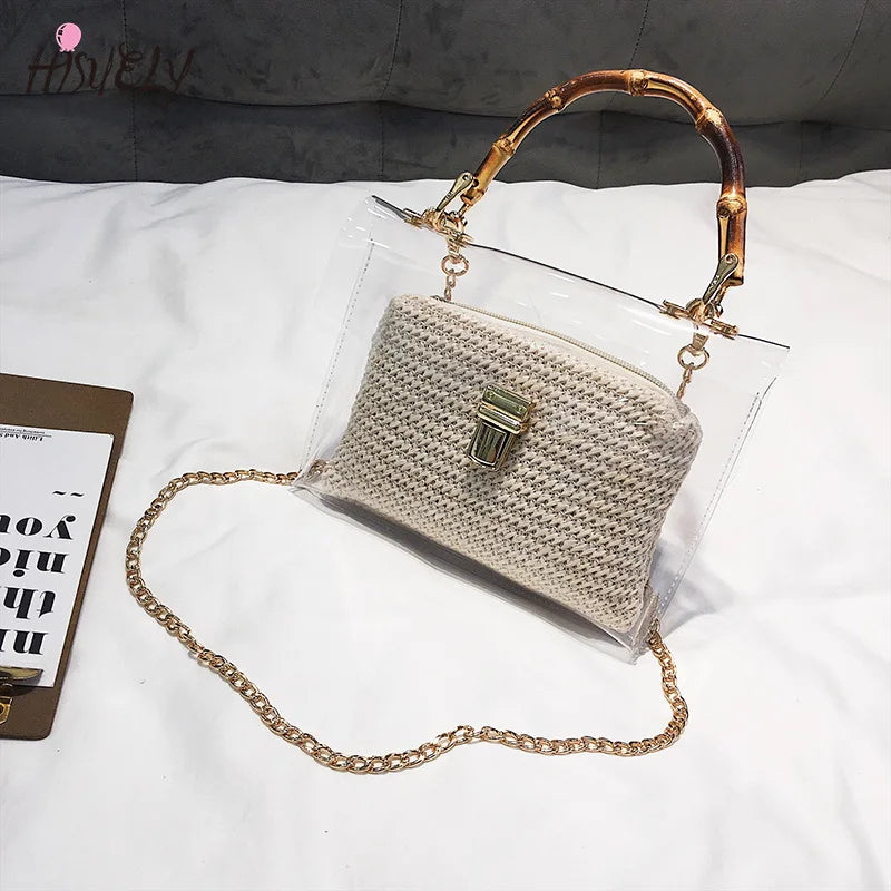 Small Beach Handbag Transparent Women Hand Bags Chain Straw bag