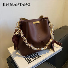 Retro Messenger Bag with Silk Scarf, Portable Bucket Women's Bag