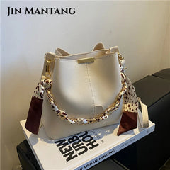 Retro Messenger Bag with Silk Scarf, Portable Bucket Women's Bag