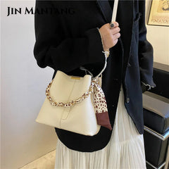 Retro Messenger Bag with Silk Scarf, Portable Bucket Women's Bag