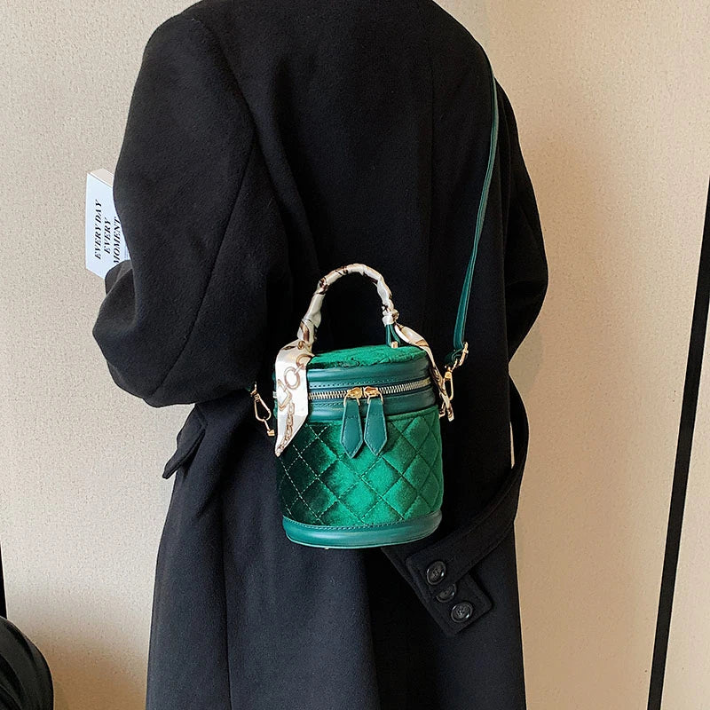 Vintage Quilting Velvet Womens Crossbody Scarf Wrapped Chain Zipper Bucket Bag