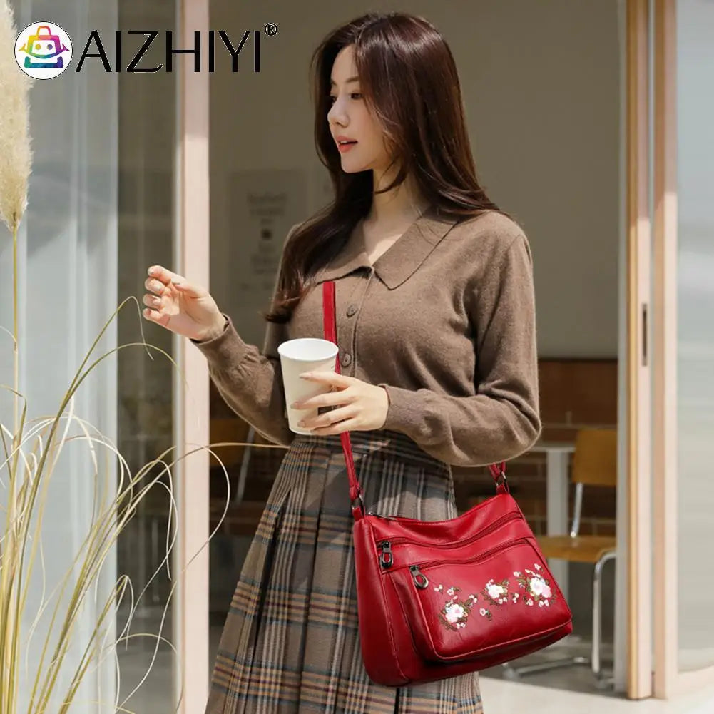 Women Embroidery Flower Crossbody Bag Multi-layer Handba