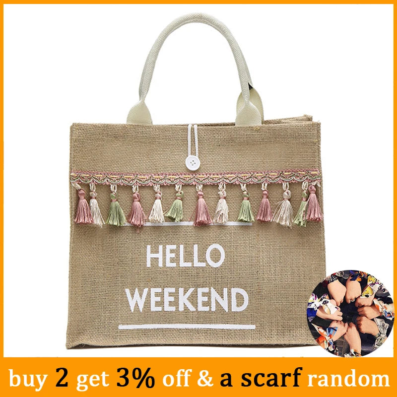 Large Tassel Shoulder Bag Letter Linen Tote Casual Girls Travel Shopping Bag