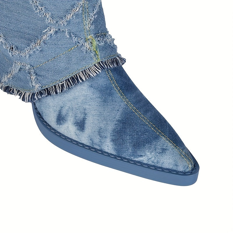 Women's Tie Dye Plaid Boots Point Toe Mid-Calf Chunky Heel Shoes