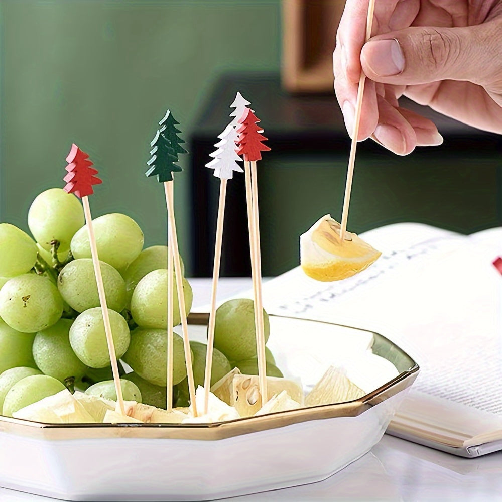 50 Pack Bamboo Christmas Tree Cocktail Picks with Leaf for Appetizers