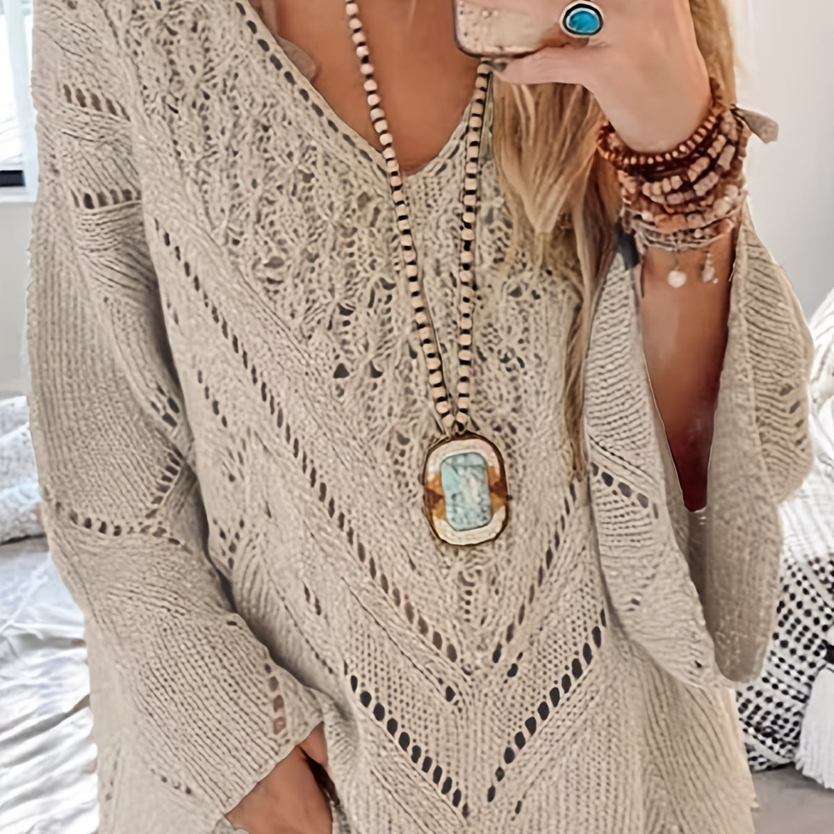 V Neck Hollow Out Solid Knit Sweater Long Sleeve