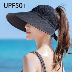 Letter Jacquard Ponytail Visor Hat Wide Brim Sunscreen Cap