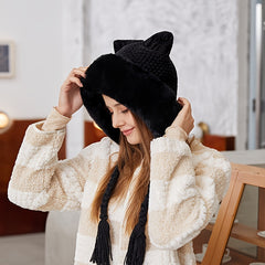 Women's Winter Pom Beanie Hat Fluffy Knit Cat Fox Ear Faux Fur Skull Cap