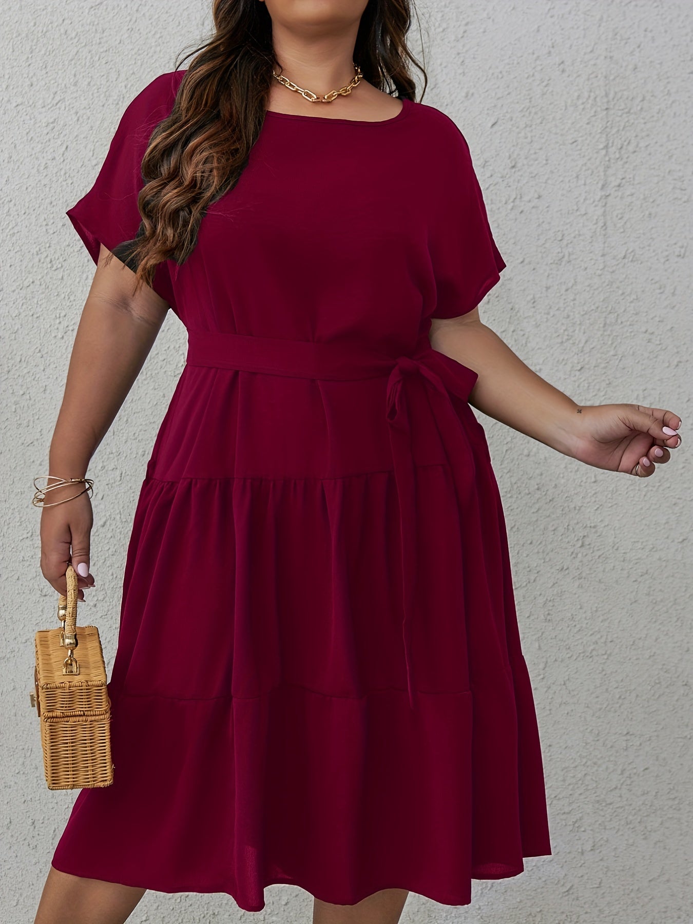  Women's Solid Batwing Ruffle Trim Dress
