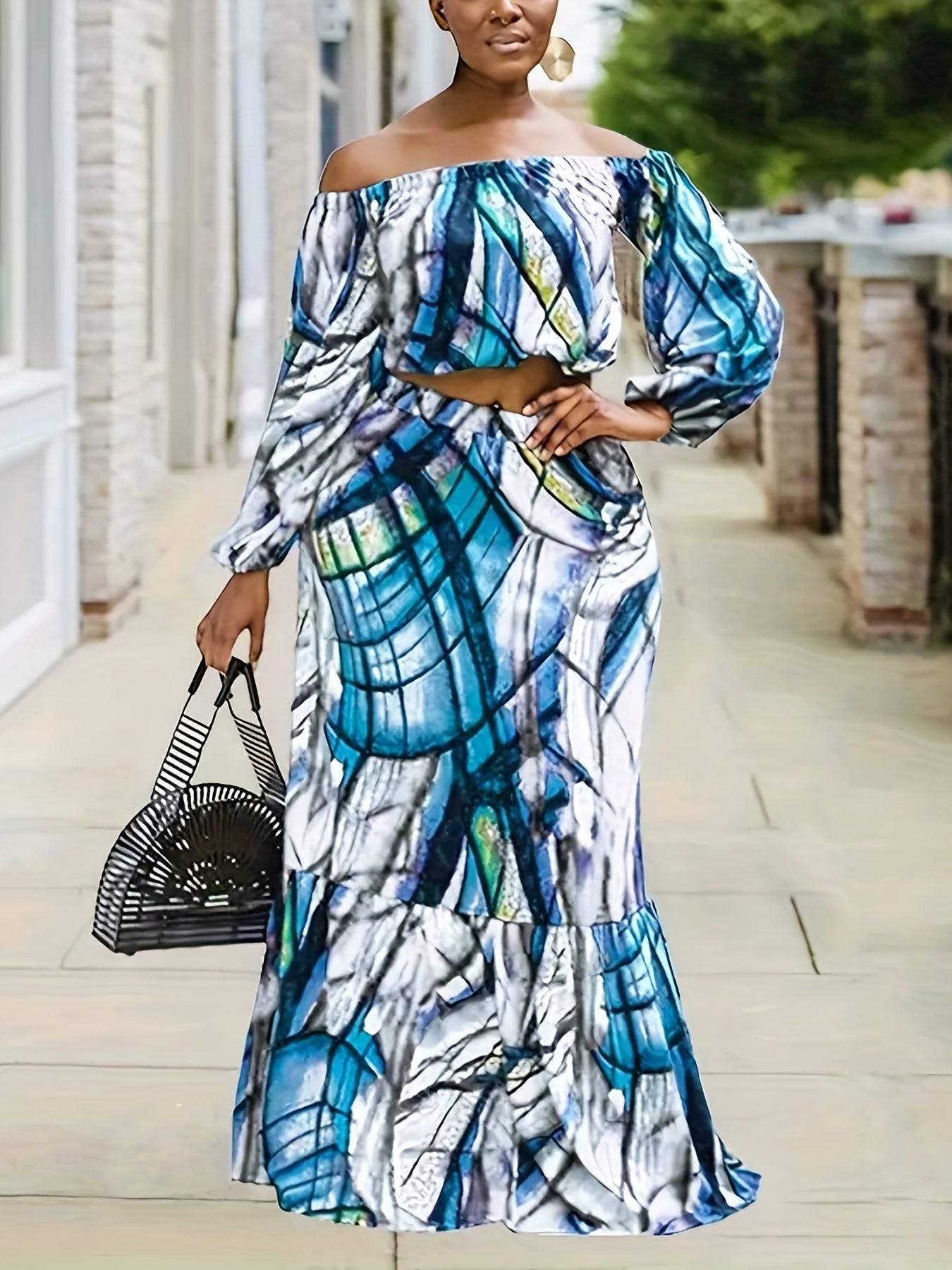  Women's Random Print Off Shoulder Top & Mermaid Skirt Set