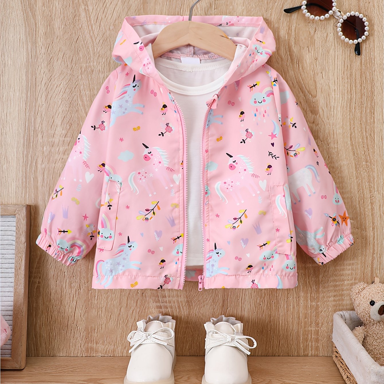 Girl's Cartoon Hooded Jacket Outdoor Windbreaker Zip Up Coat