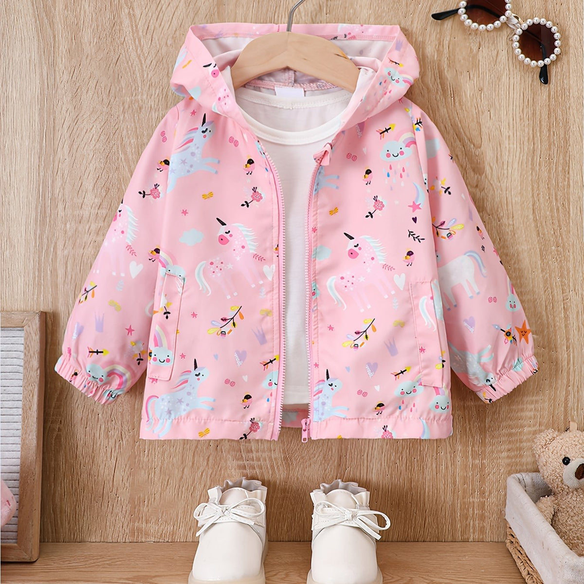 Girl's Cartoon Hooded Jacket Outdoor Windbreaker Zip Up Coat
