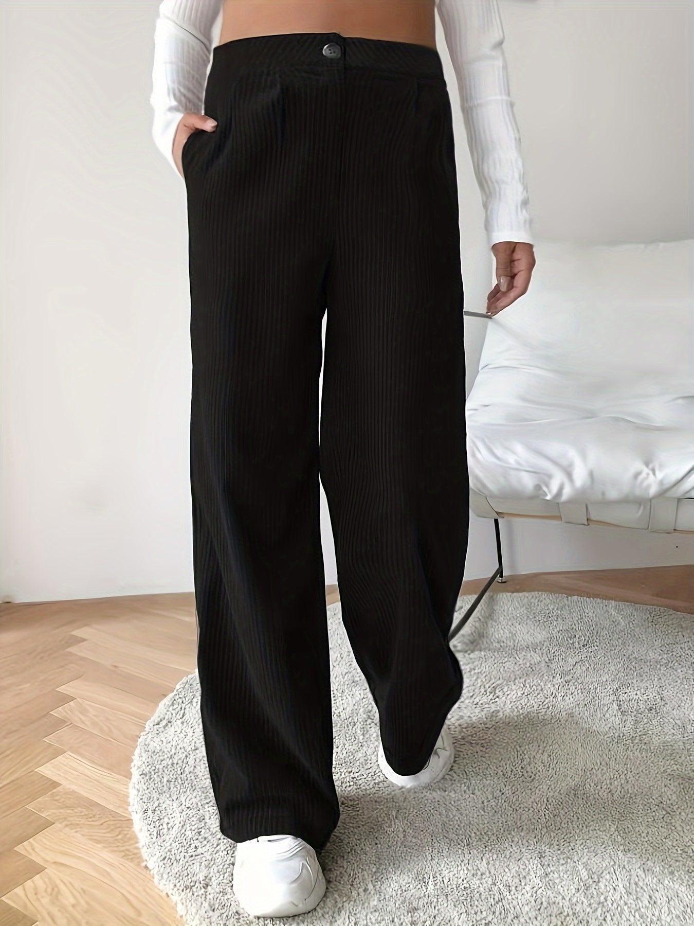  Solid Ribbed Button Fly High Rise Wide Leg Trousers