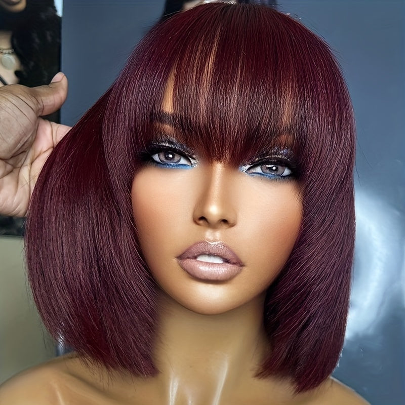 Burgundy Short Bob Wig with Bangs, Brazilian Human Hair, No Lace 180 Density