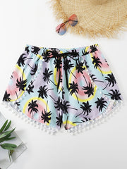  Vacay Shorts Women's Plus Pompom Trim Tree Print Drawstring Shorts