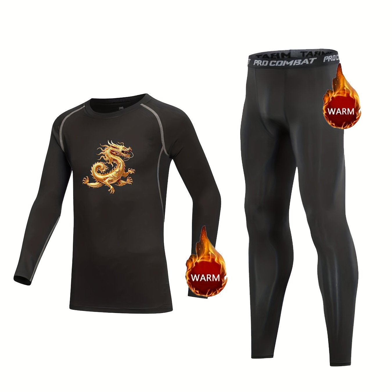 Kids Fleece Lined Compression Base Set Dragon Totem Print Tops & Leggings