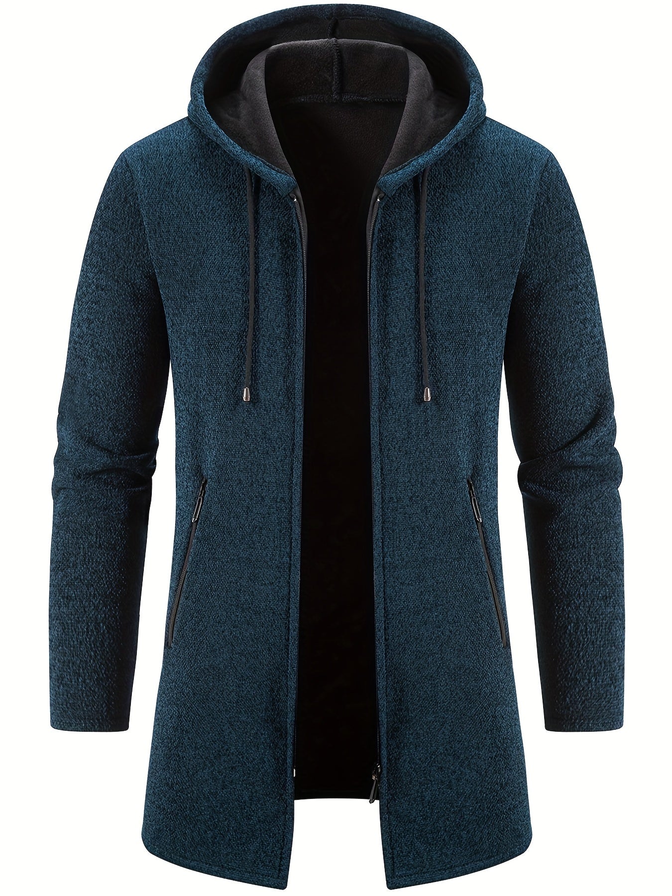 Men's Mid-Length Hooded Fleece Coat - Solid Zip-Up Cardigan