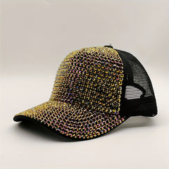Golden Rhinestone Baseball Cap Mesh Hip Hop Trucker Hat