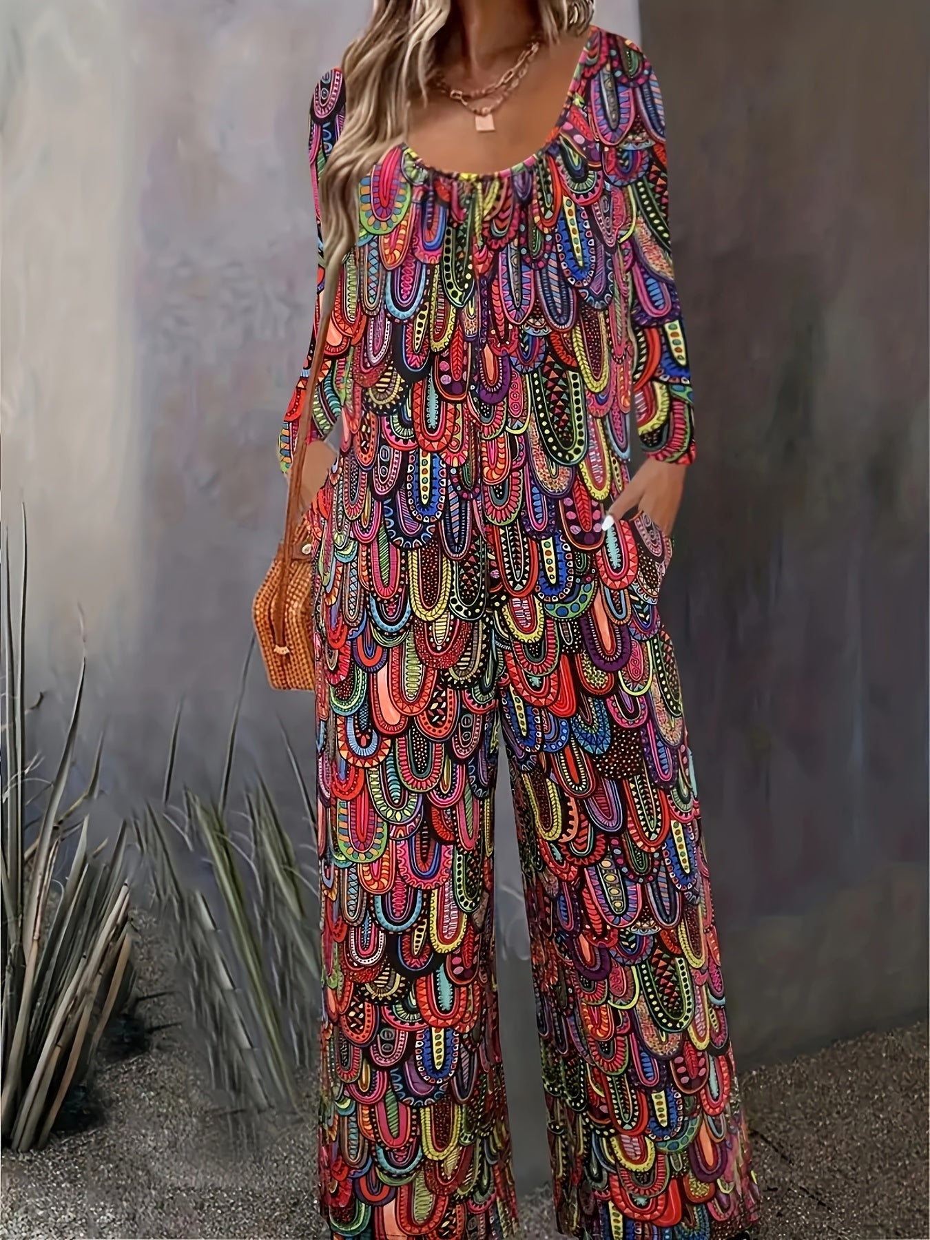  Leopard Print Long Sleeve Wide Leg Jumpsuit With Pockets