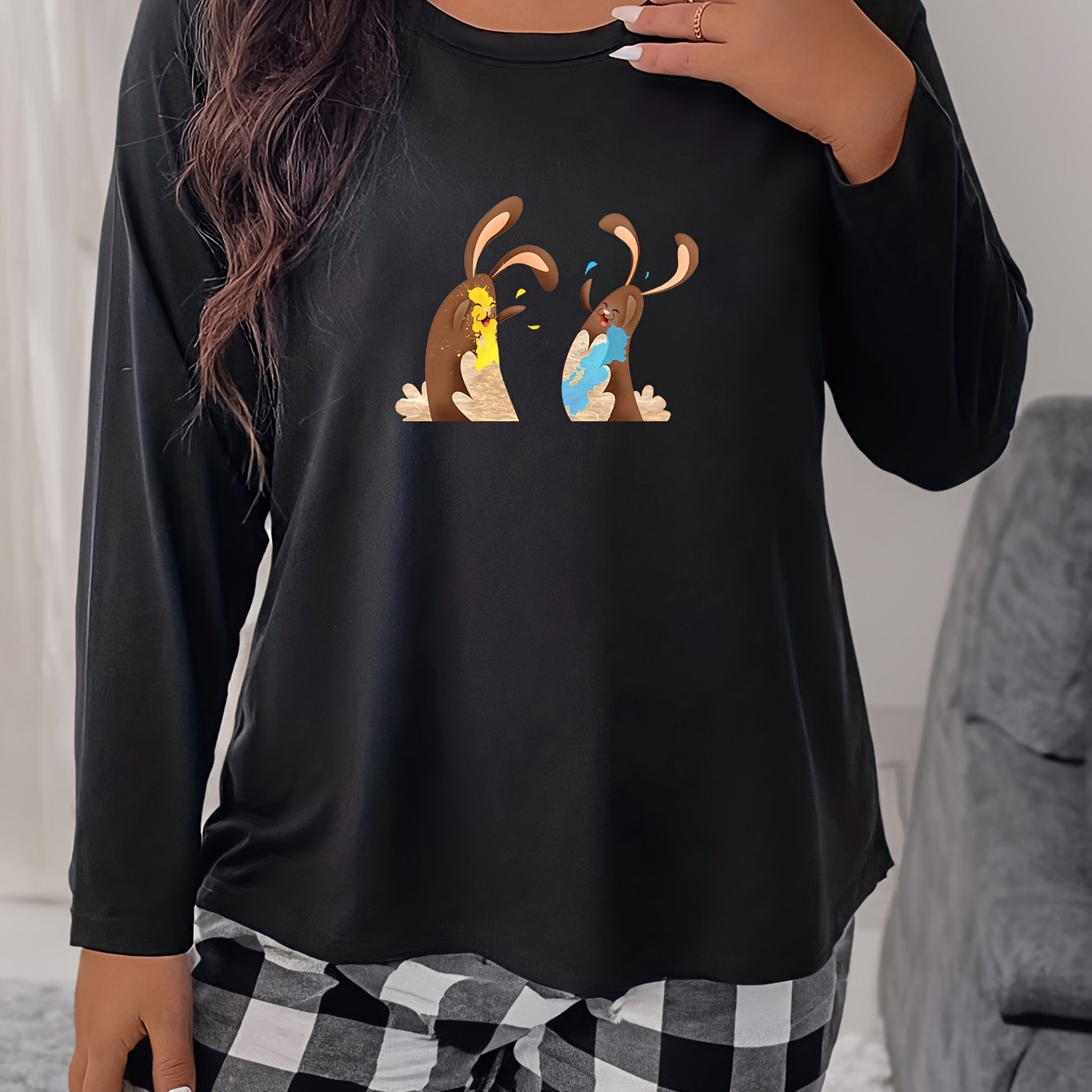 Women's Plus Rabbit Print Long Sleeve Pajama Top