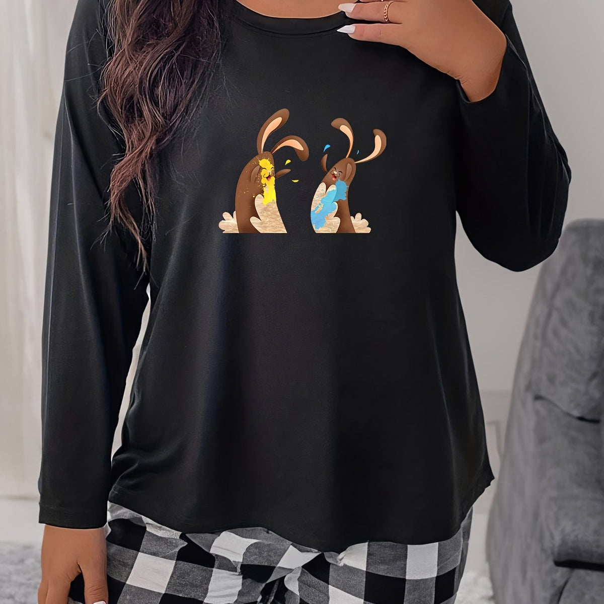 Women's Plus Rabbit Print Long Sleeve Pajama Top