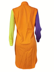  Colorblock Long Sleeve Polo Neck Shirt Dress