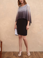  Colorblock Ombre Cloak Sleeve Round Neck Midi Dress