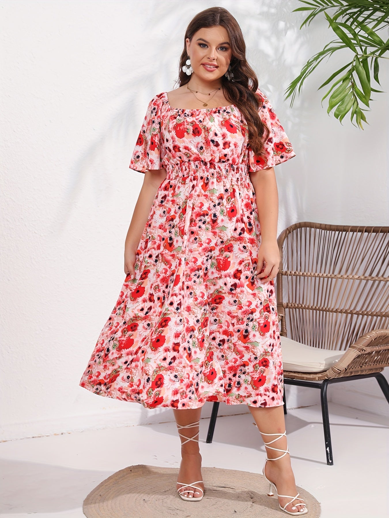  Vacay Dress Women's Plus Floral Print Ruffle Sleeve Beach Dress